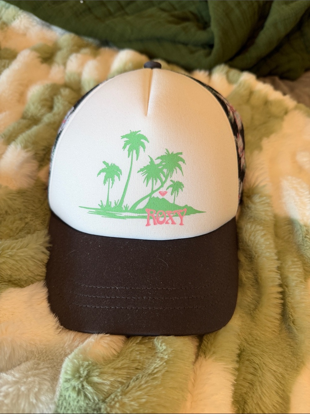 Roxy White Front Trucker Hat with Brown Bill and Green Palm Print